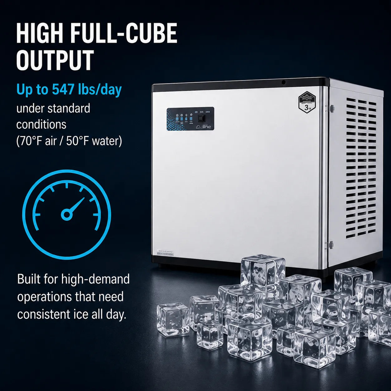 A stainless steel commercial ice machine with a black top and side panel details, shown on a dark blue background with promotional text and several clear ice cubes in the foreground.
