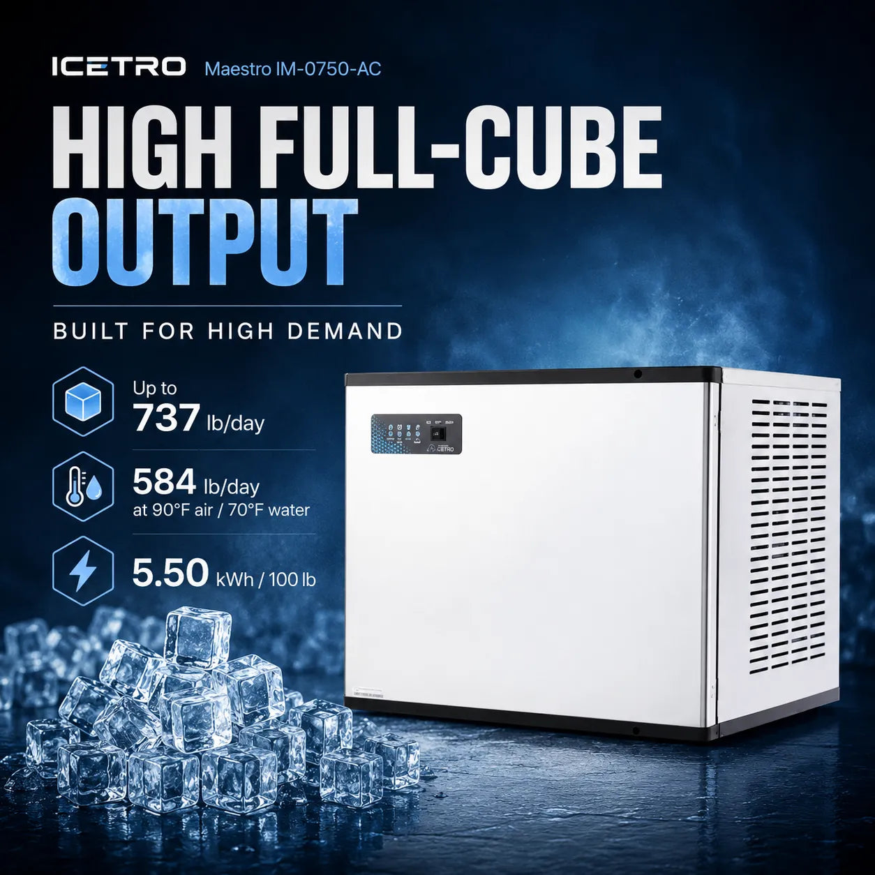 ICETRO Maestro IM-0750-AC high full-cube output freezer shown in a dark blue promotional graphic with text specs and ice cubes at the bottom.