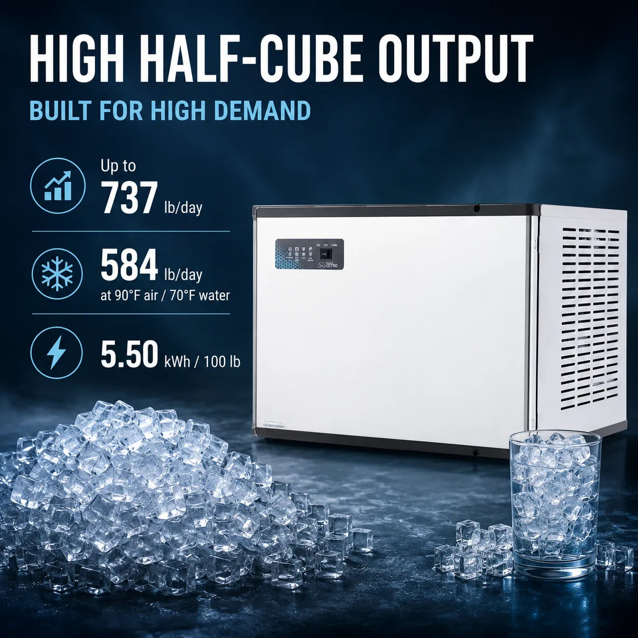 A white and black high-performance ice machine shown on a dark blue background with text highlighting high half-cube output, along with piles of clear ice and a glass of ice cubes.