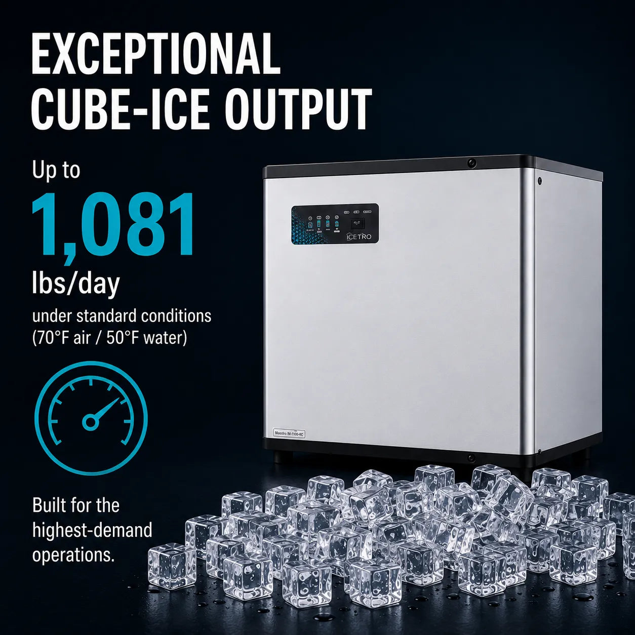 A stainless steel ice maker machine with a black control panel, shown on a dark background with text highlighting up to 1,081 lbs/day of cube ice output and a pile of clear ice cubes in front.