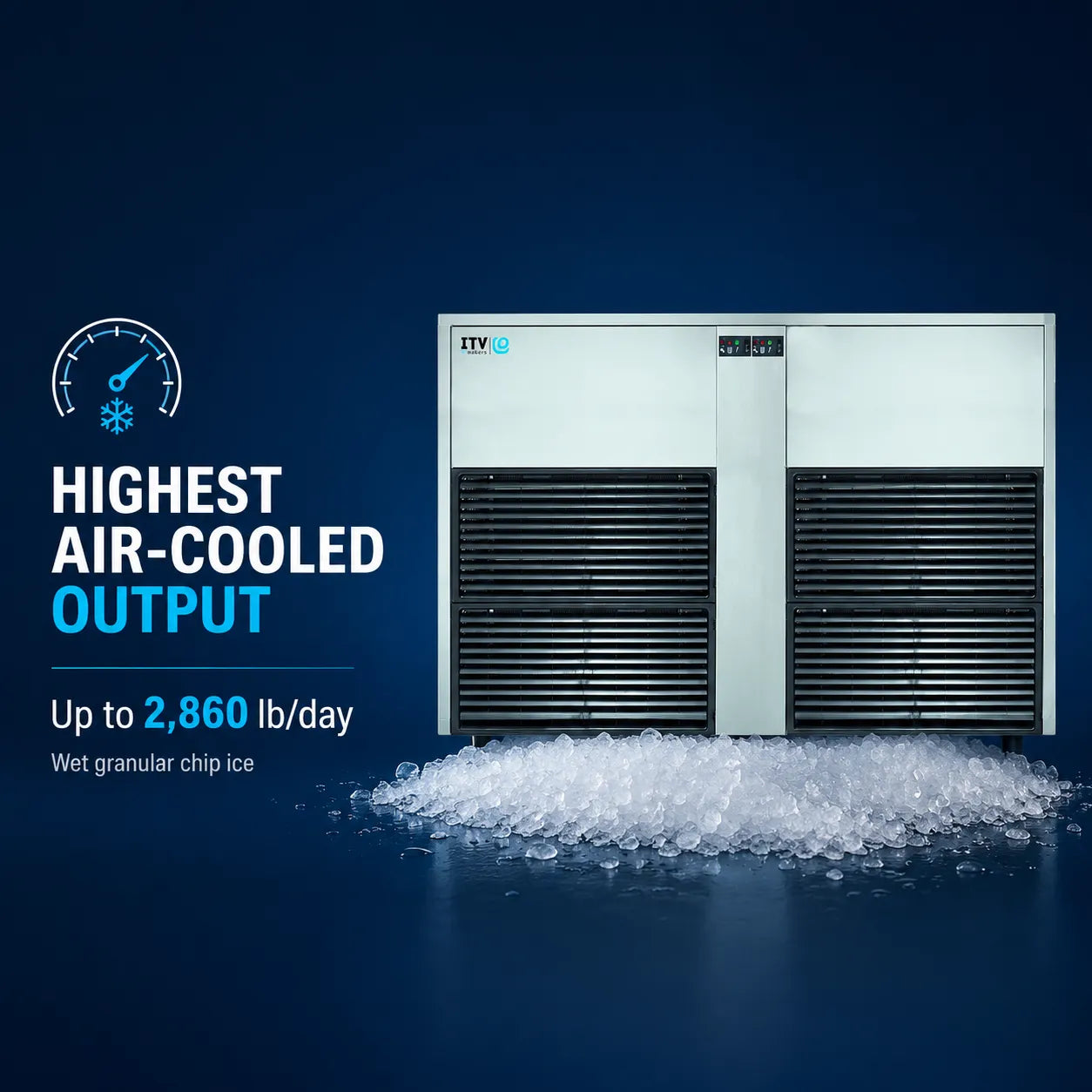An air-cooled commercial ice machine on a dark blue background, with text highlighting high output and a pile of wet granular chip ice in front. The machine is white and black, and the brand logo 'iTV' is visible on the upper left corner.
