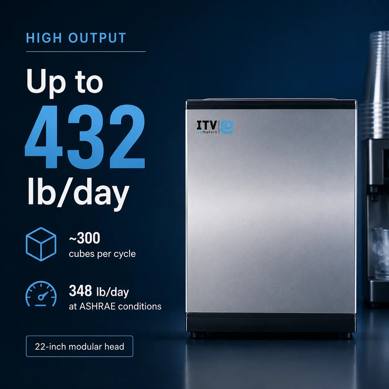 ITV iB high-output beverage dispenser in brushed stainless steel with black trim, shown on a dark blue background with marketing text including 'Up to 432 lb/day' and '22-inch modular head'.