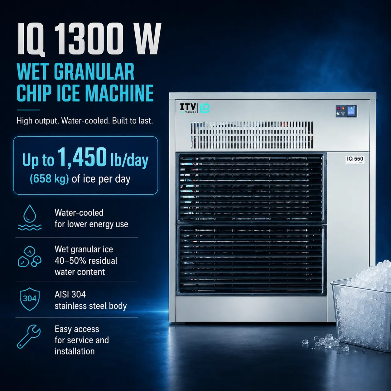 A wet granular chip ice machine in stainless steel shown on a dark blue promotional background with text callouts, a small ice bucket, and feature icons. The machine has a front grille, a side panel with a small control display, and visible ITV branding.
