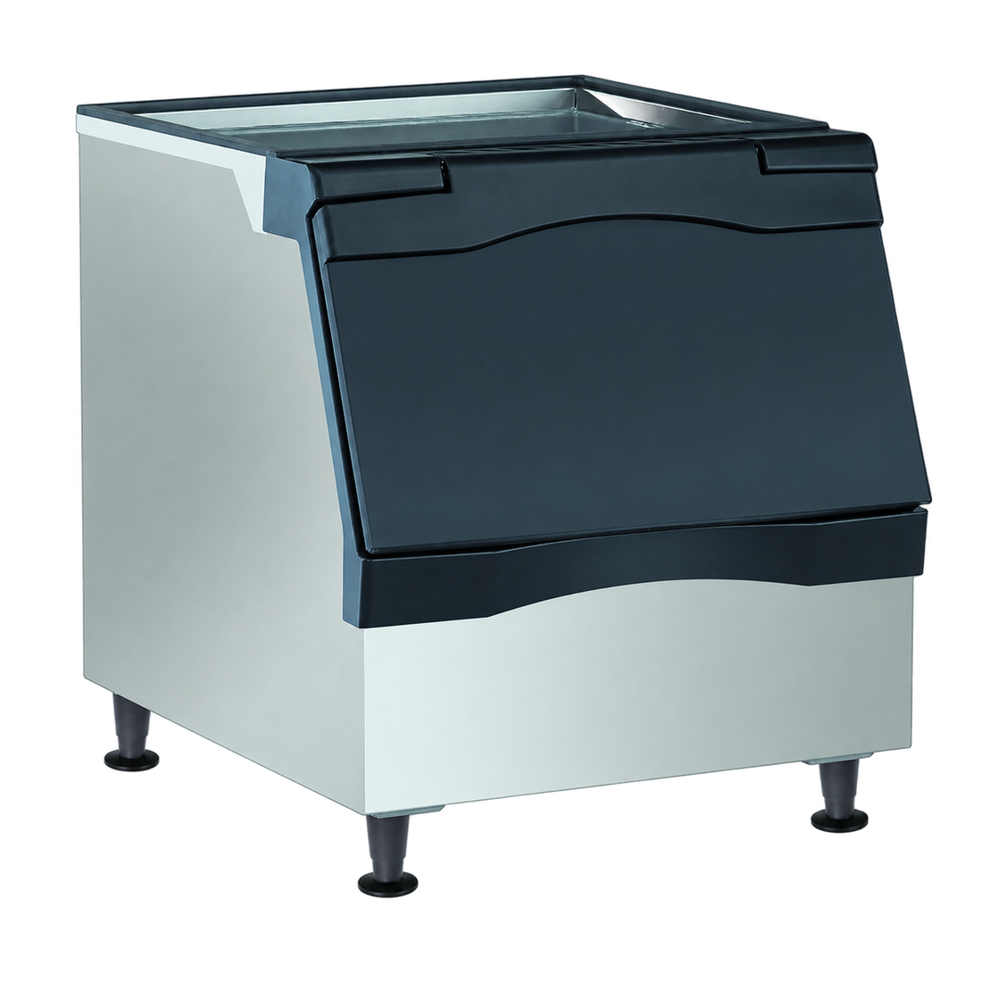 Scotsman B330P 30-inch 344 lb rotocast plastic ice storage bin with black legs, isolated on a transparent background