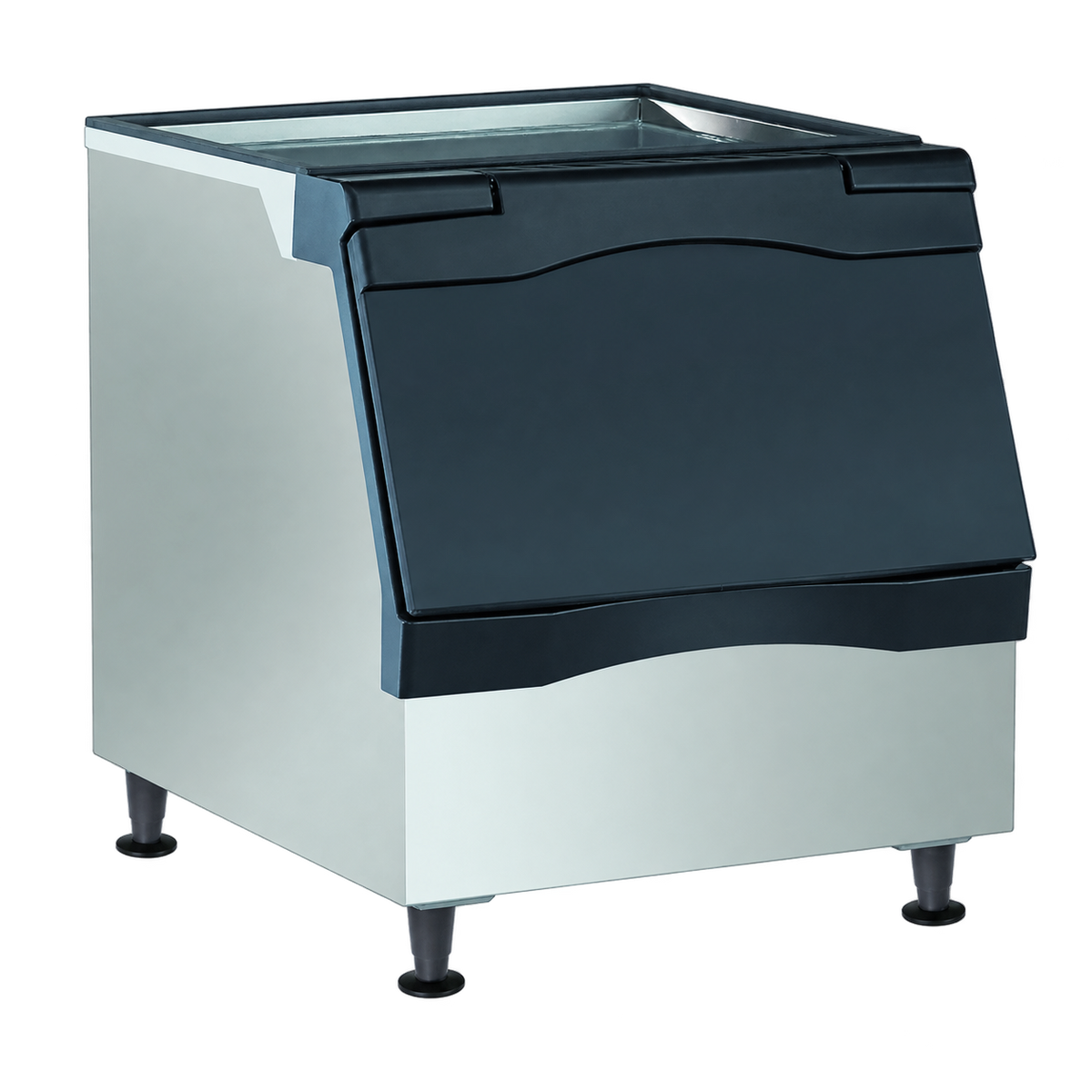 Scotsman B330P 30-inch 344 lb rotocast plastic ice storage bin with black legs, isolated on a transparent background