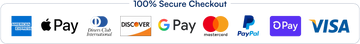 A banner showing multiple payment logos including American Express, Apple Pay, Discover, Google Pay, Mastercard, PayPal, O2O, and VISA under the text '100% Secure Checkout' on a white background.