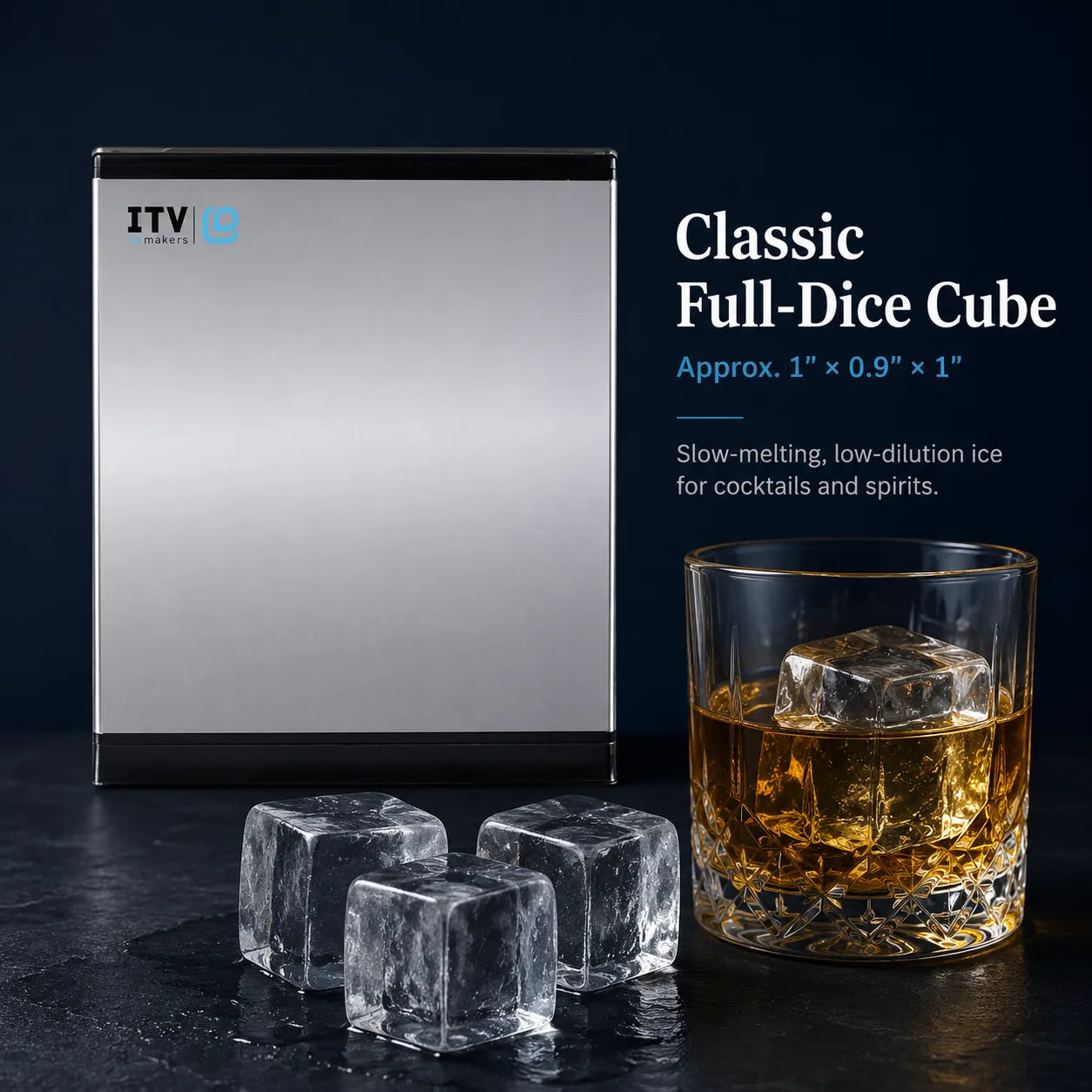 A stainless steel ITV Bar full-dice cube ice maker shown next to a glass of amber liquor with ice cubes and three clear full-dice cubes on a dark surface against a dark blue background. Text on the right reads 'Classic Full-Dice Cube' with size and usage details.
