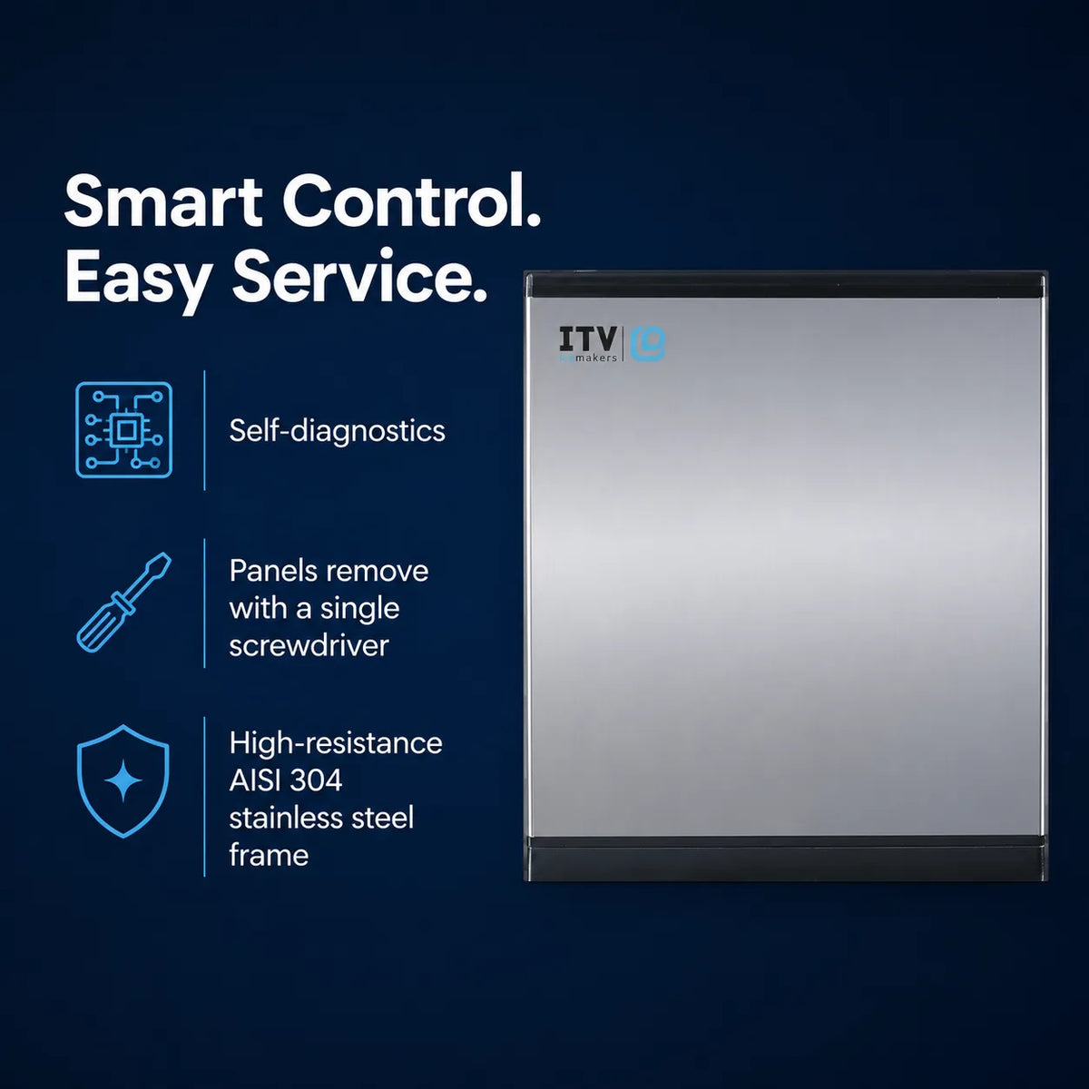 A stainless steel countertop ice machine with a brushed metal front panel and black trim, shown on a dark blue background with marketing text and feature icons. The brand name ITV is visible near the top left corner of the machine.