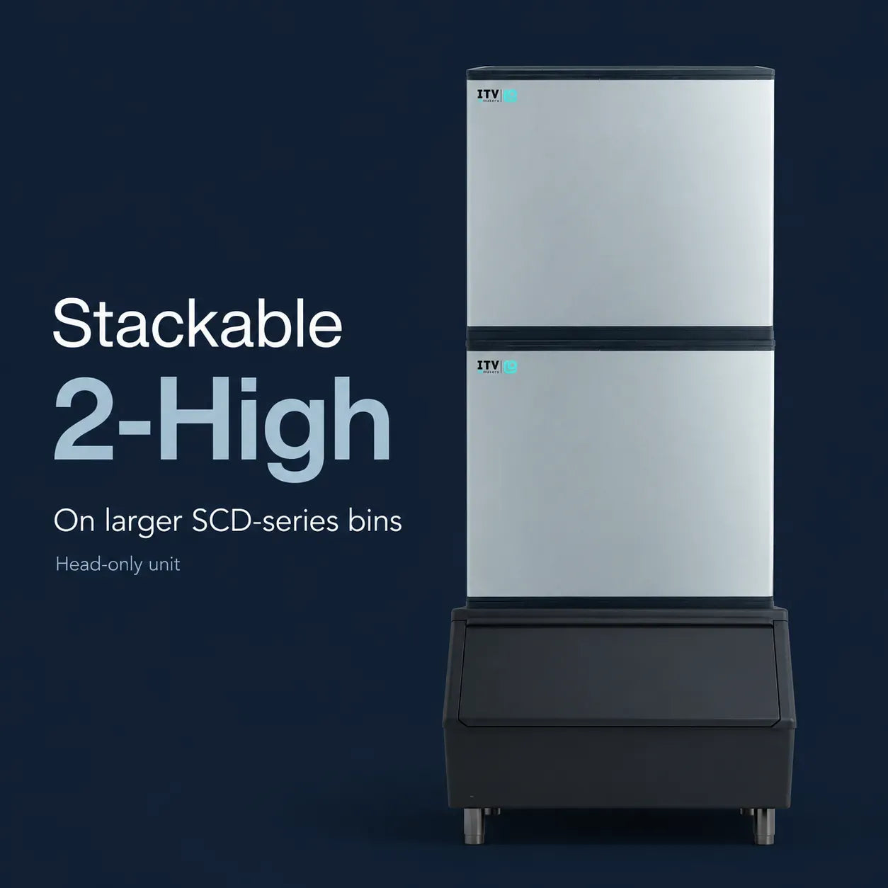 A stackable 2-high refrigerator unit with a silver upper body and a dark base, shown on a dark navy background with text reading 'Stackable 2-High On larger SCD-series bins Head-only unit.'.