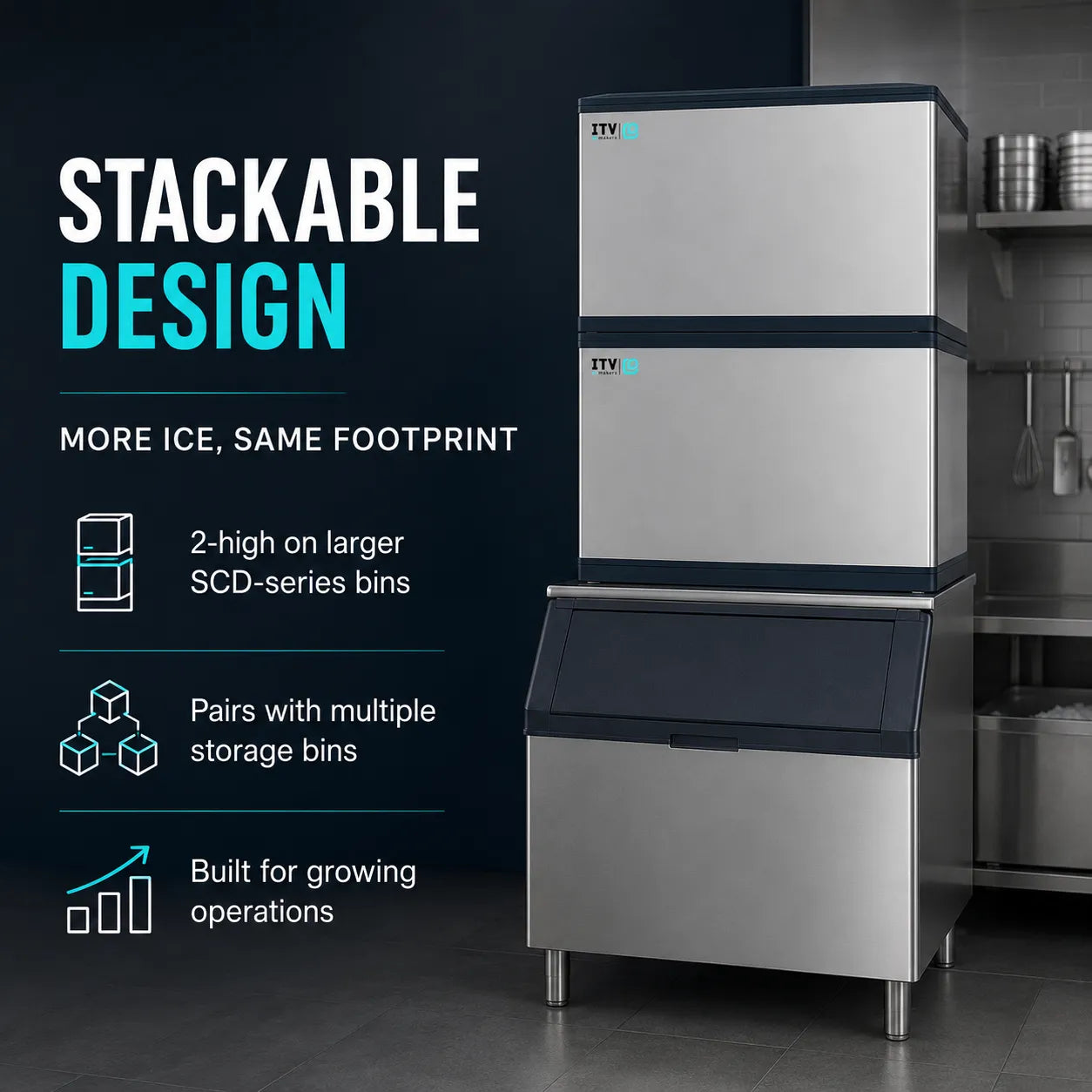 A stackable commercial ice machine shown in a kitchen-like setting with promotional text on the left. The machine has a brushed stainless steel body with dark navy top and front panels.