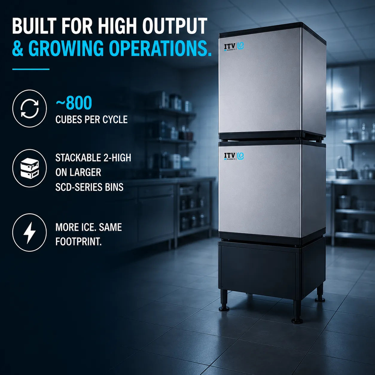 A two-door commercial ice machine in brushed silver and black stands in a dark, modern kitchen or storage room. Large marketing text on the left reads 'BUILT FOR HIGH OUTPUT & GROWING OPERATIONS' with feature callouts including ~800 cubes per cycle, stackable 2-high on larger SCD-series bins, and more ice in the same footprint.