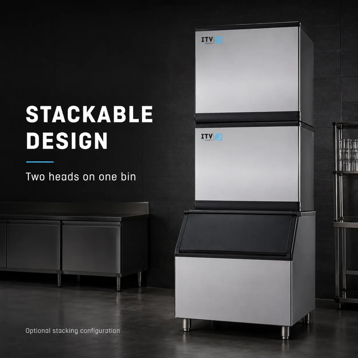 A stainless steel stackable commercial ice machine with a top freezer compartment and a lower bin, shown in a dark kitchen-like setting. Large text on the left reads 'STACKABLE DESIGN' and 'Two heads on one bin.