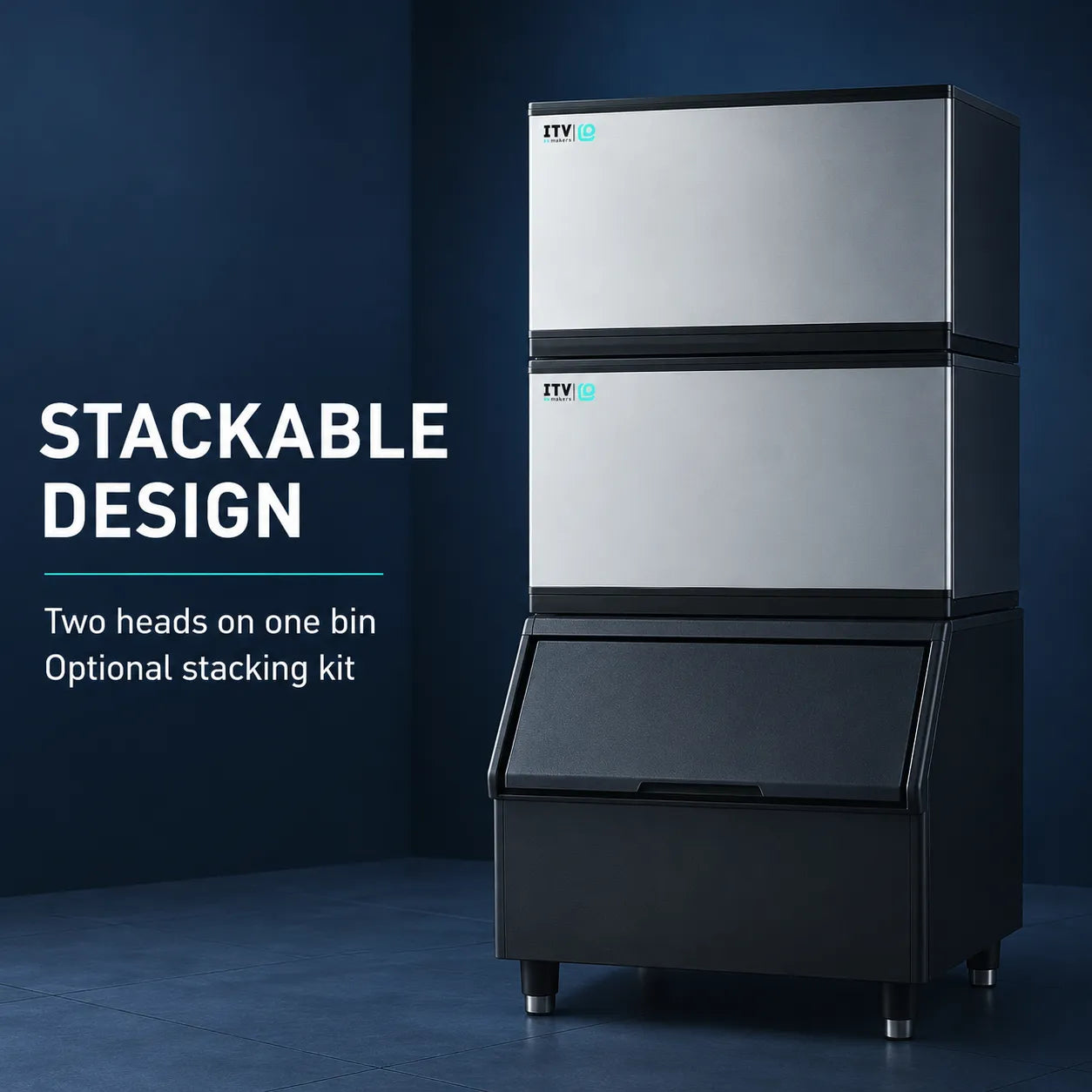 A compact commercial ice machine with a stackable design, featuring two stainless steel heads stacked on top of a black hopper bin, shown against a dark blue background with promotional text on the left.