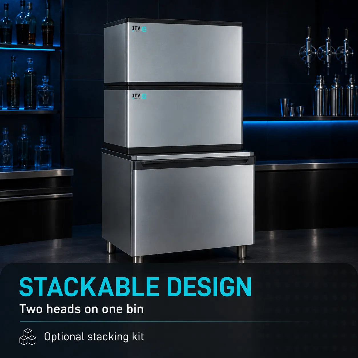 A stainless steel stackable commercial freezer or ice machine shown in a dark bar-like setting, with text overlay reading 'STACKABLE DESIGN Two heads on one bin' and 'Optional stacking kit.' The product is the stacked machine itself; the environment is styled but still functions as a product presentation rather than a person-centered lifestyle shot.