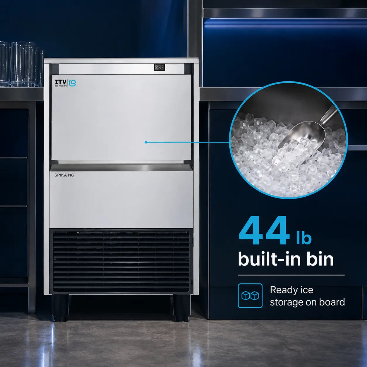 ITV SPIKA NG 130 A1H Undercounter Ice Machine - 139 lb/Day Half Dice Cube with 44 lb Bin, 21 inches Air-Cooled Commercial