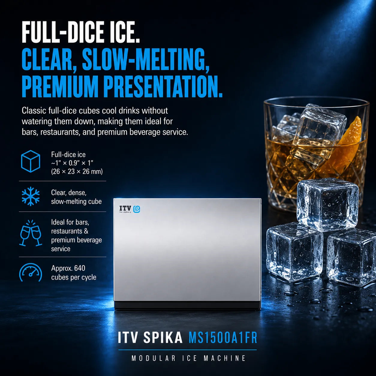 ITV Spika MS1500A1F modular ice machine in brushed silver, shown on a dark blue background with promotional text and a glass of iced drink with ice cubes.