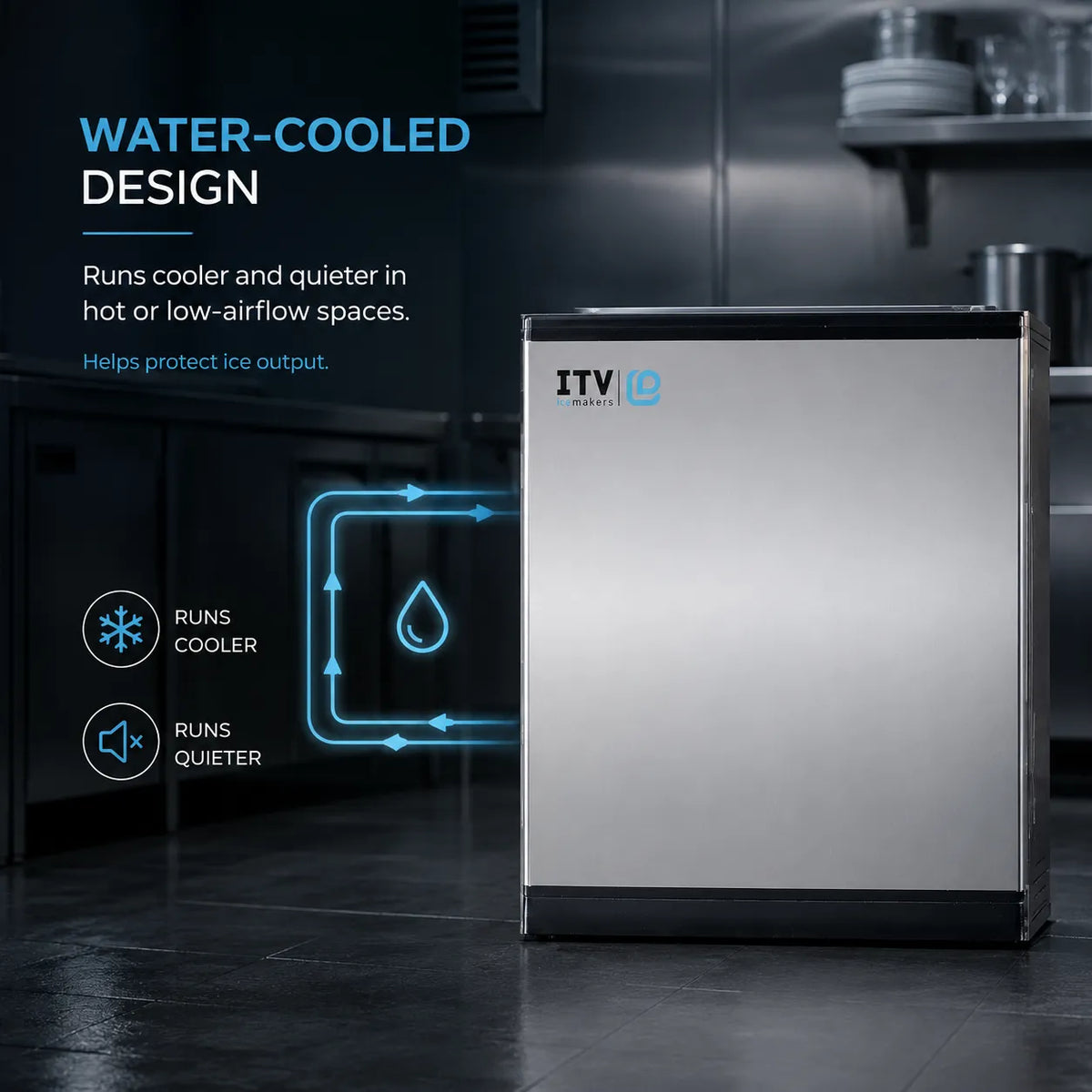 A stainless steel countertop ice machine with a black top and bottom trim, shown in a dark kitchen-like setting with promotional text and blue water-cooling graphics on the left.