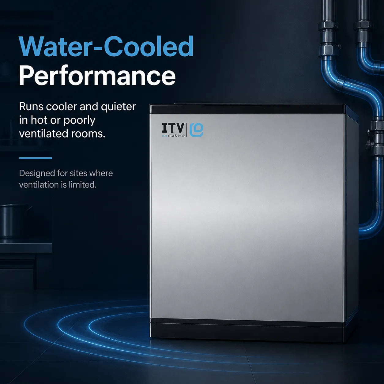 A stainless steel water-cooled ice machine with black trim, shown against a dark blue background with graphic text highlighting its performance and cooling benefits. The brand logo 'ITV marine' is visible on the upper left of the machine face.