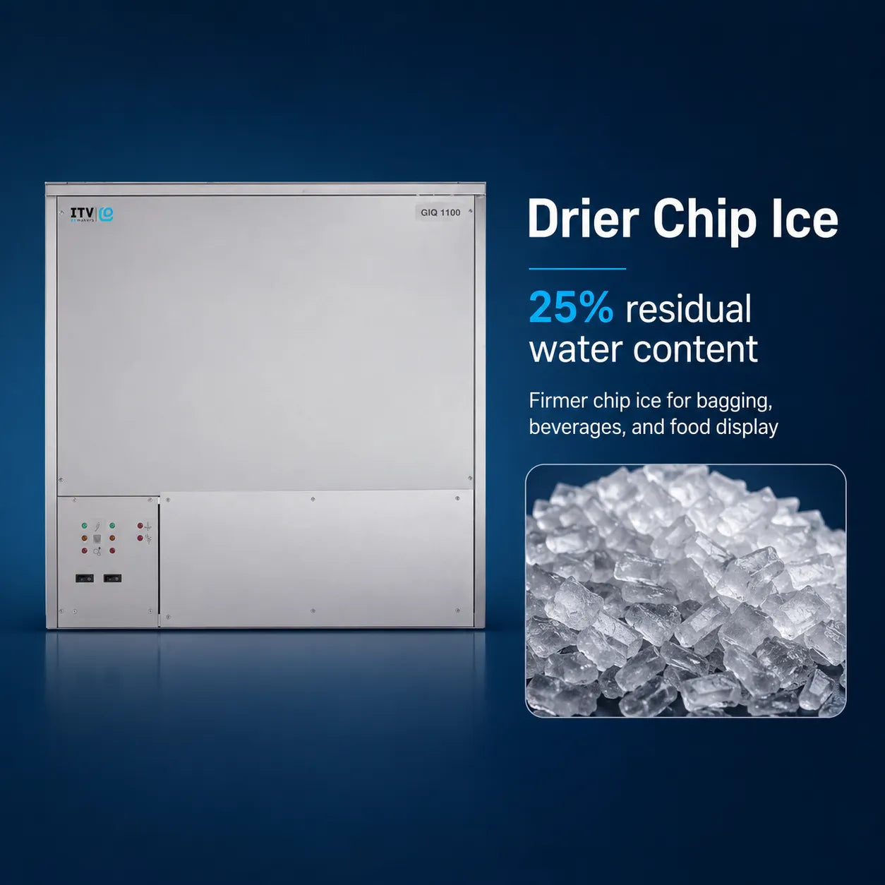 ITV GDS 7100 Drier Chip Ice machine shown on a dark blue background with product text reading 'Drier Chip Ice' and a close-up inset of clear chip ice crystals.