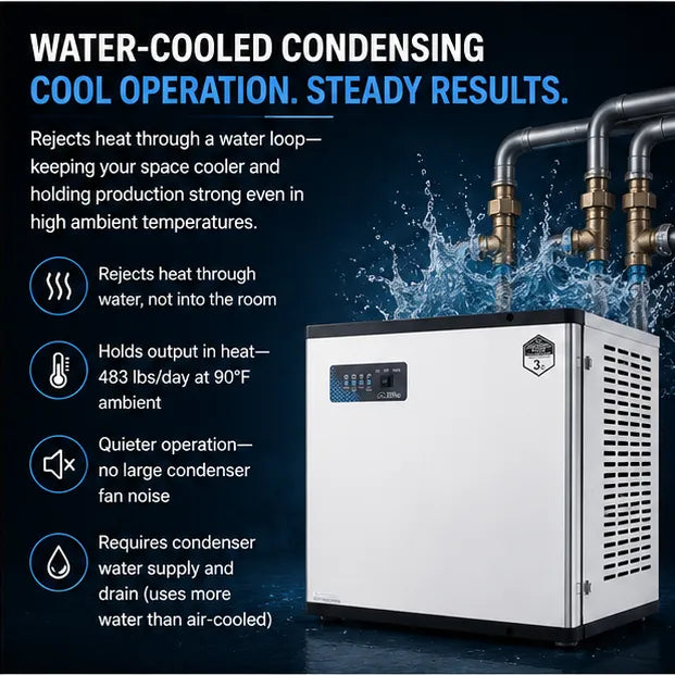 Water-cooled condensing cooling system shown on a dark blue promotional graphic with text callouts about heat rejection, output holding capacity, quieter operation, and water supply requirements. The unit is white with black trim and a small digital control panel, with copper pipes and water splash graphics above.