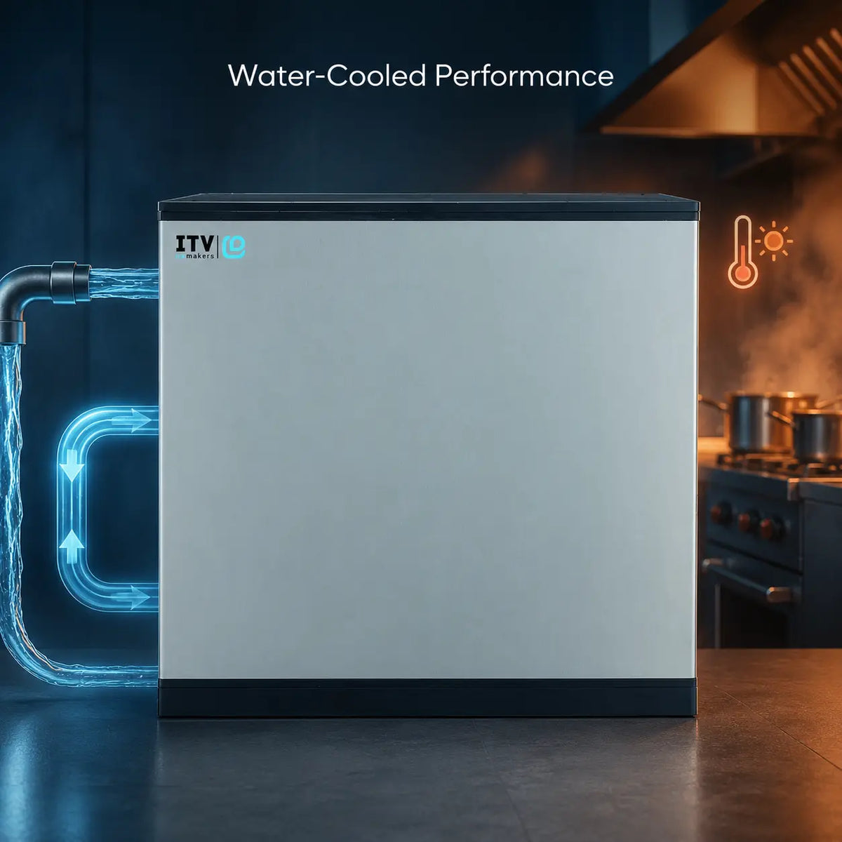 A compact white and black countertop appliance shown in a kitchen setting with glowing blue water-flow graphics and the text 'Water-Cooled Performance' above it.