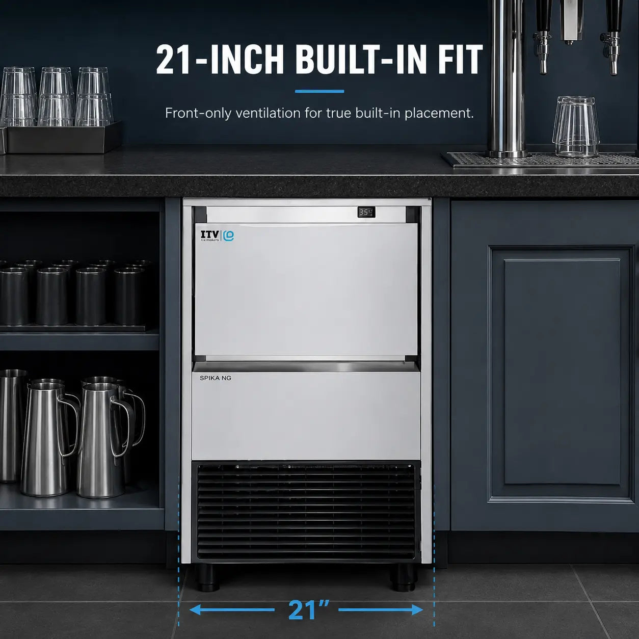 ITV SPIKA NG 130 A1H Undercounter Ice Machine - 139 lb/Day Half Dice Cube with 44 lb Bin, 21 inches Air-Cooled Commercial